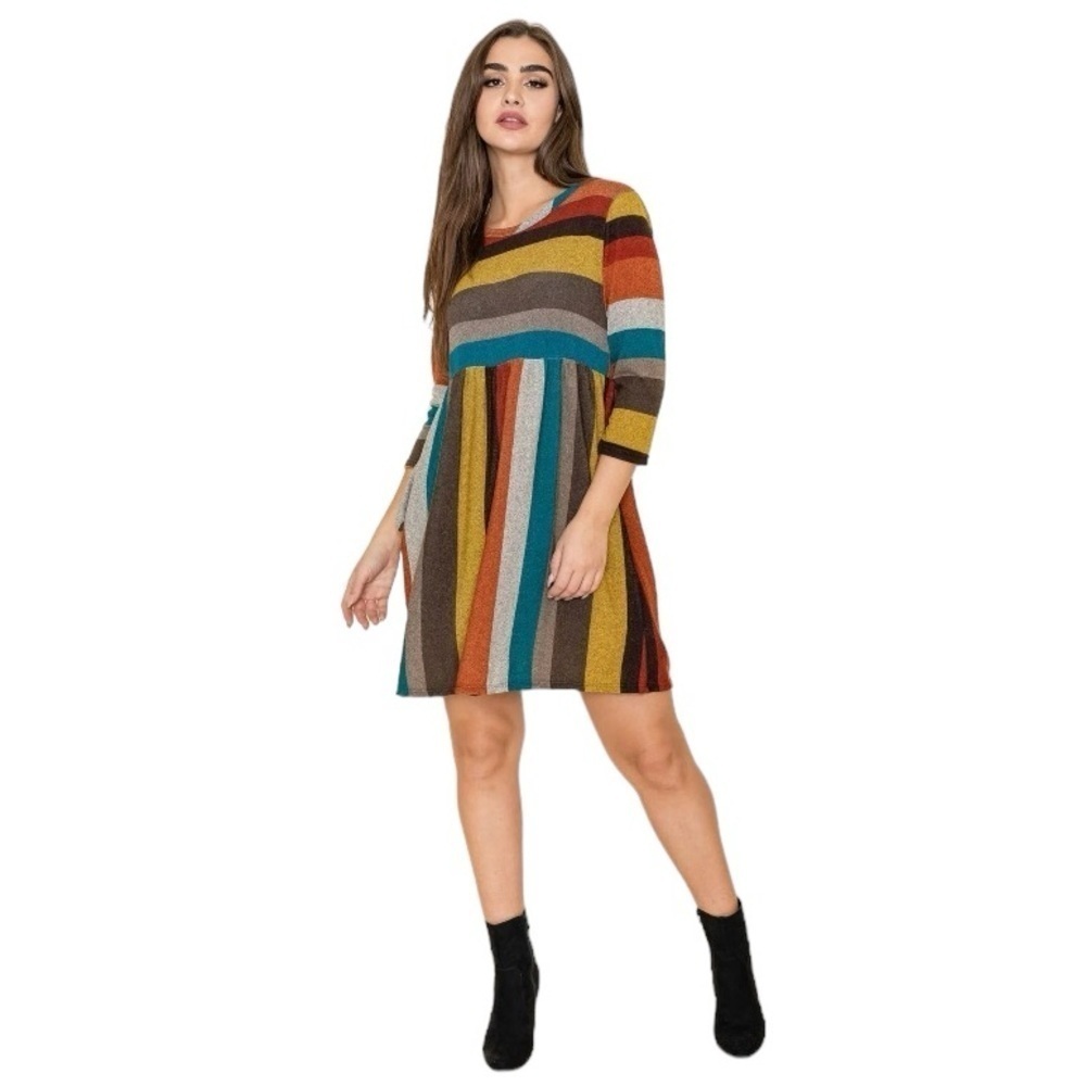 42 POPS Dress Long Sleeve High Waist 2 Way Stripe Earthtone Multicolored Women M